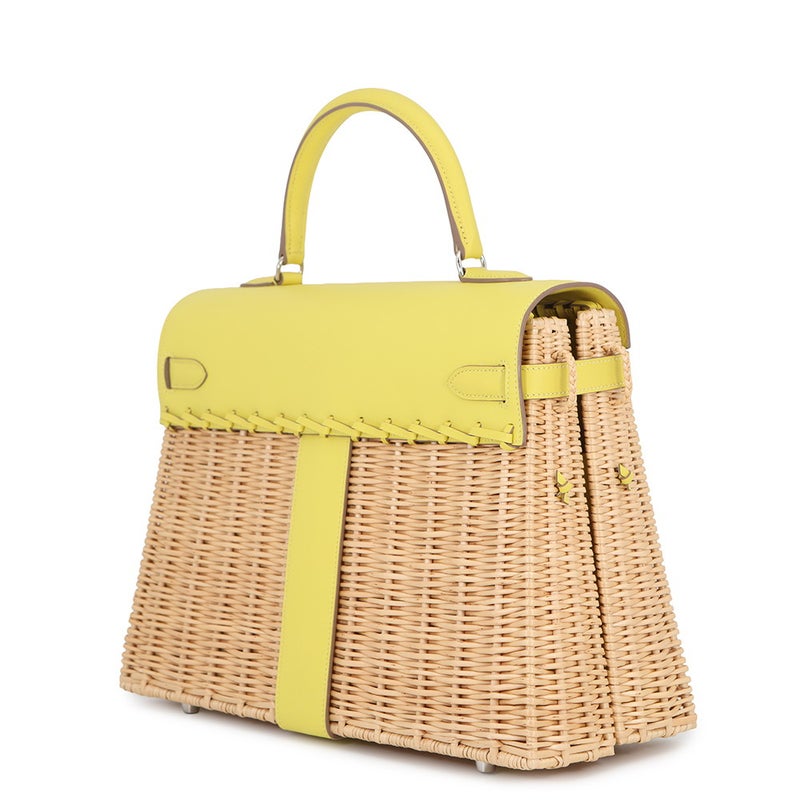 エルメス ハンドバッグ ケリー35 ピクニック ライム/ナチュラル/シルバー金具 スイフト/柳 U刻印 HERMES 2wayバッグ
