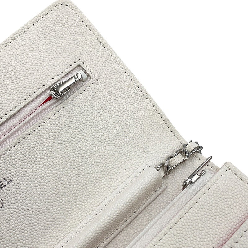 シャネル チェーンウォレット ココマーク マトラッセ CHANEL19 キャビアスキン CHANEL 財布 白