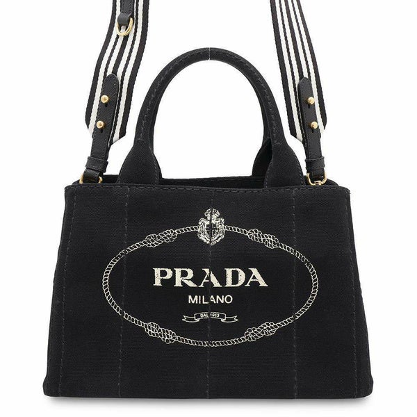 プラダ トートバッグ カナパ トート キャンパス 1BG439 PRADA ストライプ ショルダーバッグ 黒