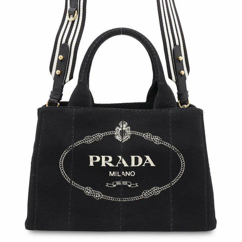 プラダ トートバッグ カナパ トート キャンパス 1BG439 PRADA ストライプ ショルダーバッグ 黒