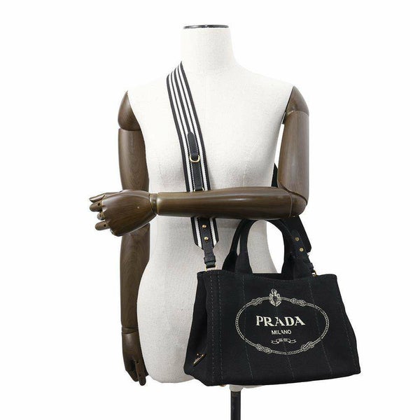 プラダ トートバッグ カナパ トート キャンパス 1BG439 PRADA ストライプ ショルダーバッグ 黒