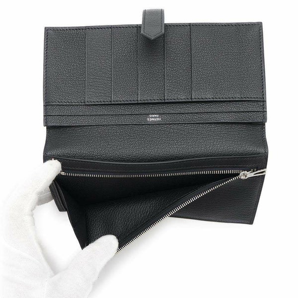 エルメス 長財布 ベアンスフレ ブラック/シルバー金具 シェブルミゾル B刻印 財布 シェーブル 黒