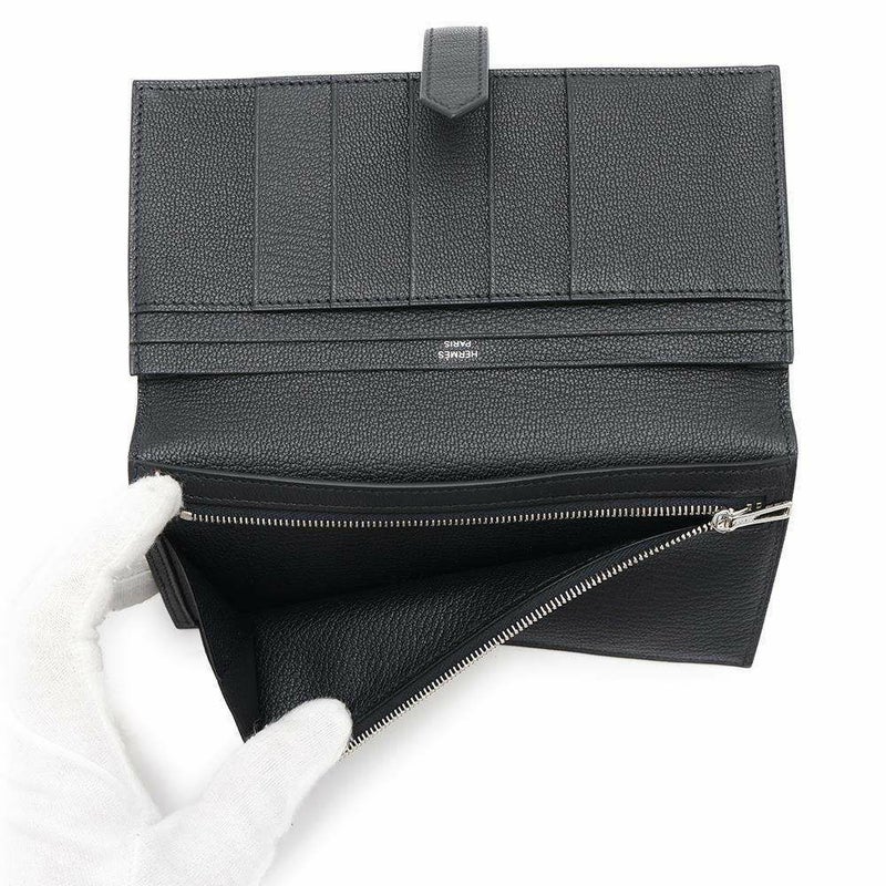 エルメス 長財布 ベアンスフレ ブラック/シルバー金具 シェブルミゾル B刻印 財布 シェーブル 黒