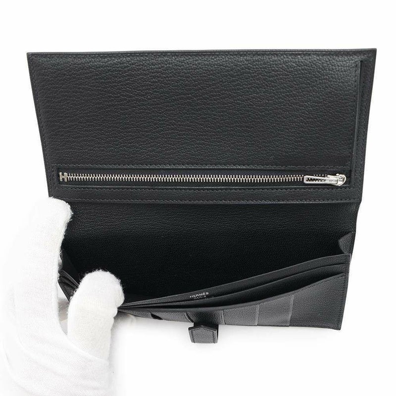 エルメス 長財布 ベアンスフレ ブラック/シルバー金具 シェブルミゾル B刻印 財布 シェーブル 黒