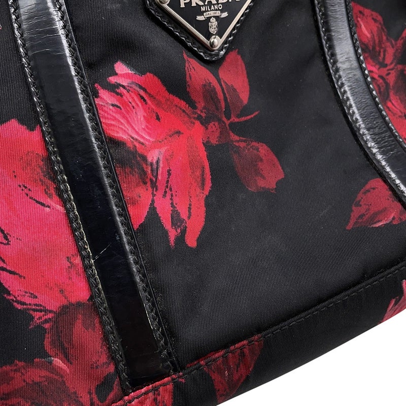 プラダ ハンドバッグ フラワーモチーフ ナイロン PRADA ２wayショルダー 黒