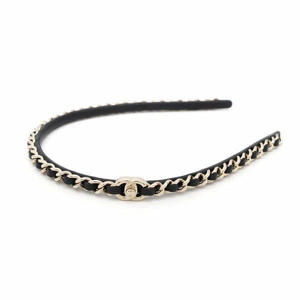 シャネル カチューシャ ココマーク チェーン ターンロック レザー B22V AB6143 CHANEL ヘアアクセサリー 黒