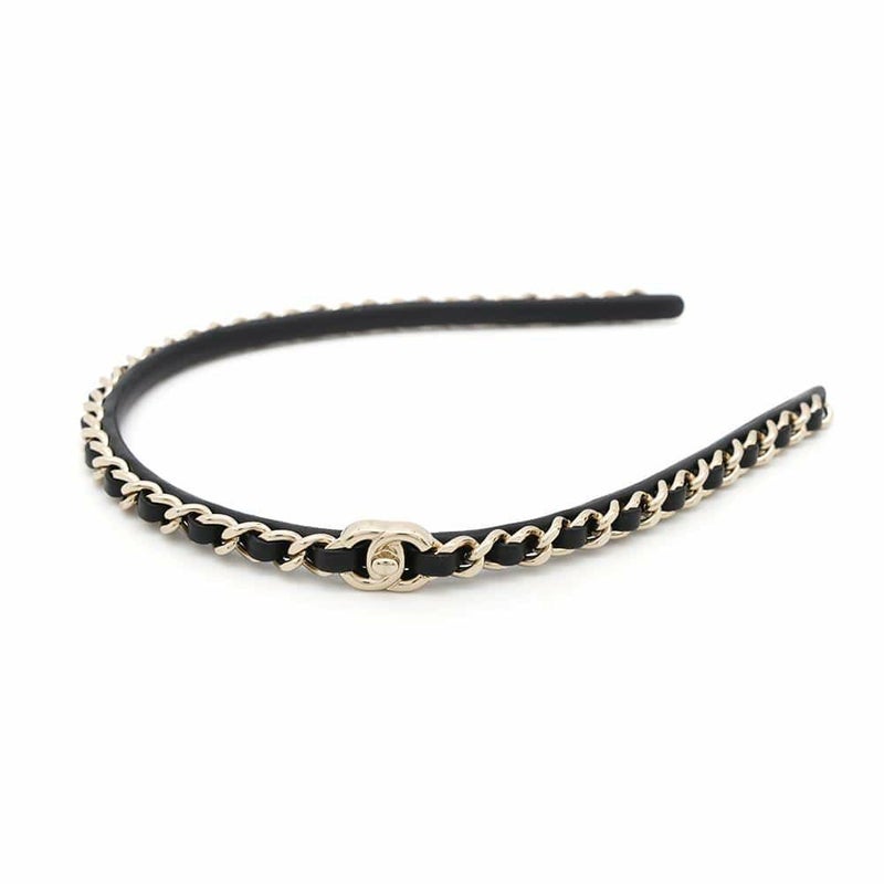 シャネル カチューシャ ココマーク チェーン ターンロック レザー B22V AB6143 CHANEL ヘアアクセサリー 黒