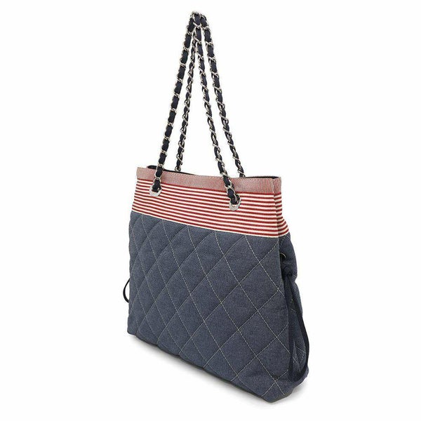 シャネル チェーントートバッグ ココマーク ボーダー  デニム A48450 CHANEL チェーンショルダーバッグ