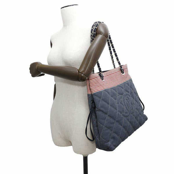 シャネル チェーントートバッグ ココマーク ボーダー  デニム A48450 CHANEL チェーンショルダーバッグ