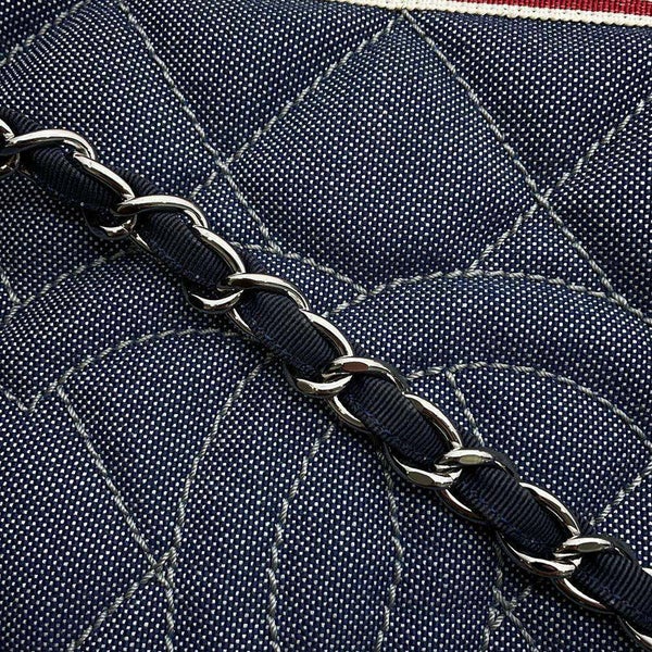 シャネル チェーントートバッグ ココマーク ボーダー  デニム A48450 CHANEL チェーンショルダーバッグ