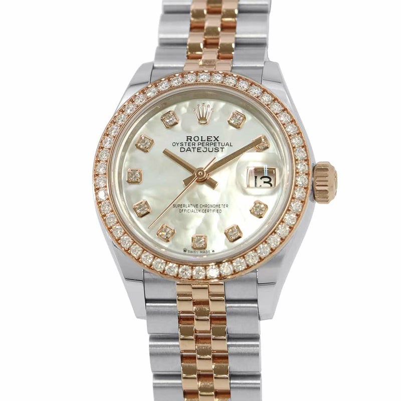 ロレックス レディ デイトジャスト SS/K18PG ダイヤベゼル 279381RBR ホワイトマザーオブパール文字盤 10Pダイヤ