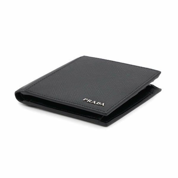 プラダ 二つ折り財布 サフィアーノ レザー ロゴPRADA 財布 メンズ 黒