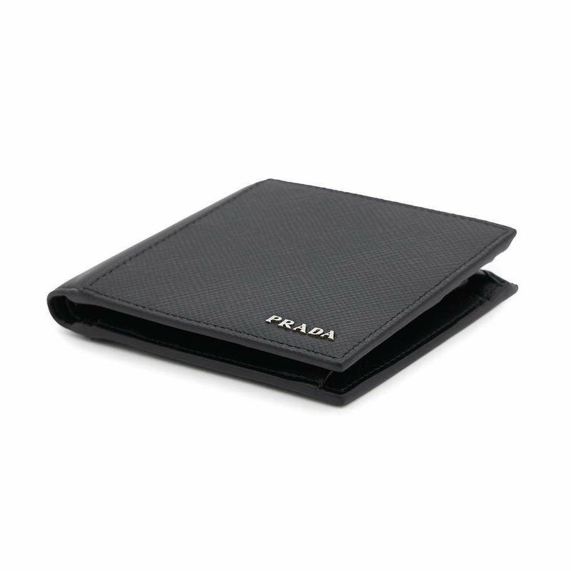 プラダ 二つ折り財布 サフィアーノ レザー ロゴPRADA 財布 メンズ 黒