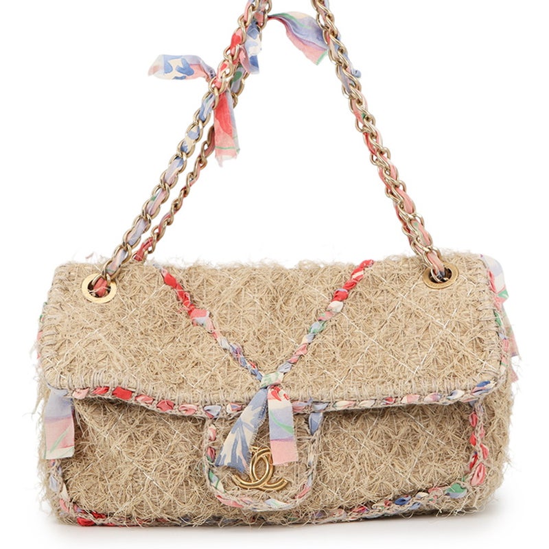 シャネル チェーンショルダーバッグ マトラッセ30 ココマーク ラフィア リボン ダブルチェーン CHANEL
