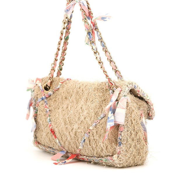 シャネル チェーンショルダーバッグ マトラッセ30 ココマーク ラフィア リボン ダブルチェーン CHANEL