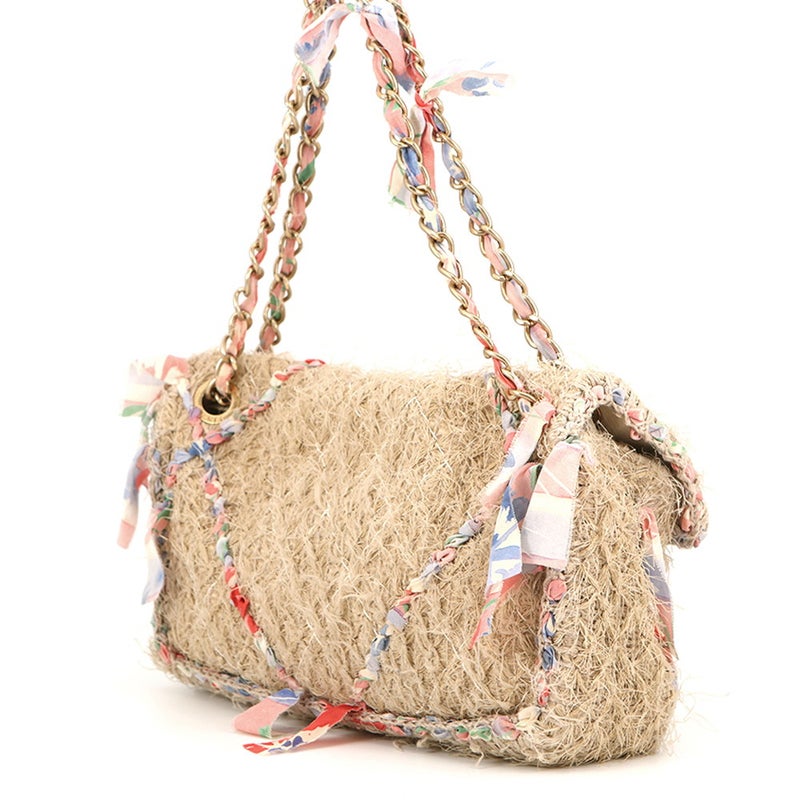 シャネル チェーンショルダーバッグ マトラッセ30 ココマーク ラフィア リボン ダブルチェーン CHANEL