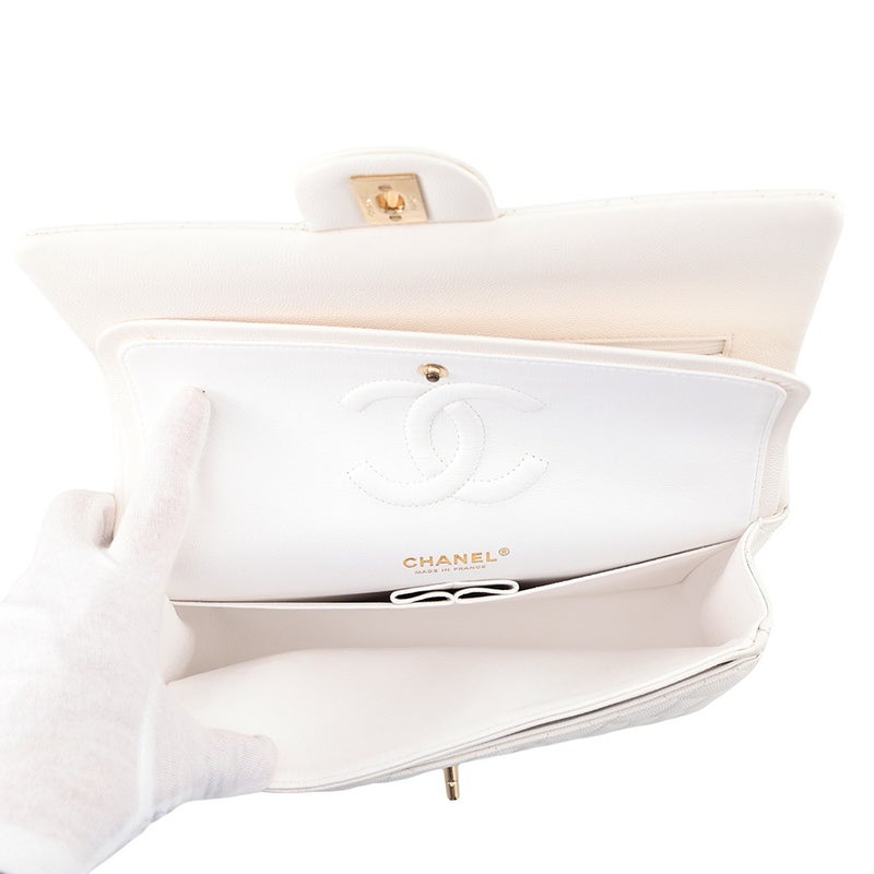 シャネル チェーンショルダーバッグ マトラッセ25 ココマーク キャビアスキン ダブルチェーン A01112 CHANEL 白