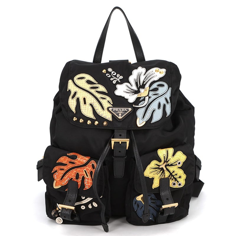 プラダ リュック ナイロン フラワー トライアングルロゴ バックパック 1BZ811 PRADA バッグ リュックサック 黒