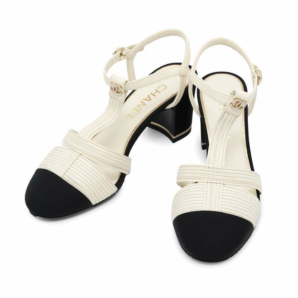 CHANEL パンプス ヒール ココマーク レザー ホワイト 36 1/2 C シャネル パンプス ココマーク ヒールサンダル サテン レザー フェイク