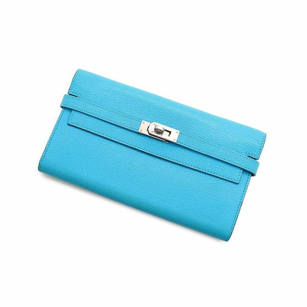 エルメス 長財布 ケリーウォレット ロング ブルーアズテック/シルバー金具 シェブルミゾル □R刻印 財布 シェーブル
