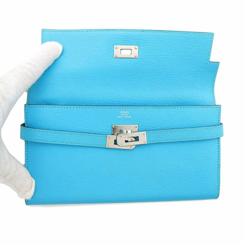 エルメス 長財布 ケリーウォレット ロング ブルーアズテック/シルバー金具 シェブルミゾル □R刻印 財布 シェーブル