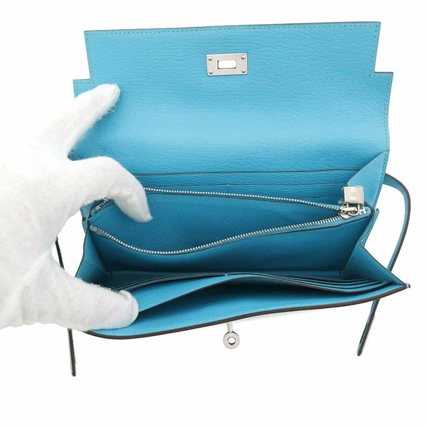 エルメス 長財布 ケリーウォレット ロング ブルーアズテック/シルバー金具 シェブルミゾル □R刻印 財布 シェーブル