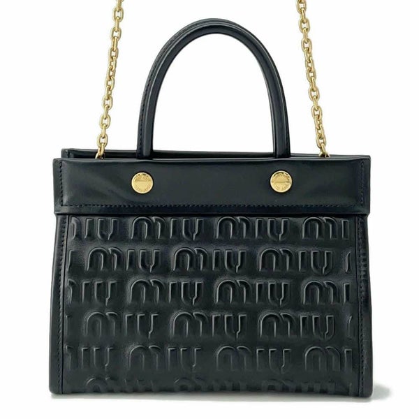 ミュウミュウ ハンドバッグ エンボスロゴ レザー 5BA243 Miu Miu 2wayショルダーバッグ 黒