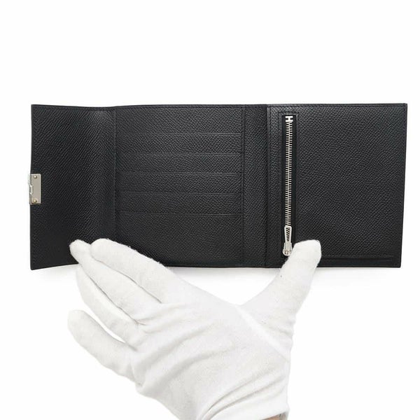 エルメス 三つ折り財布 クリック12 ブラック/シルバー金具 エプソン C刻印 HERMES 黒 財布