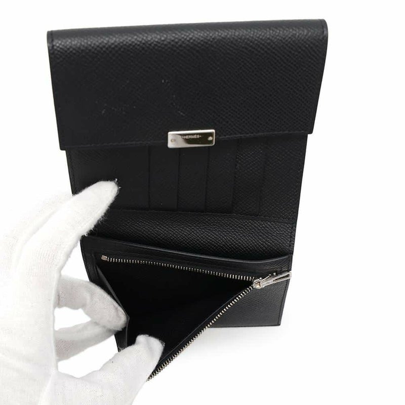 エルメス 三つ折り財布 クリック12 ブラック/シルバー金具 エプソン C刻印 HERMES 黒 財布