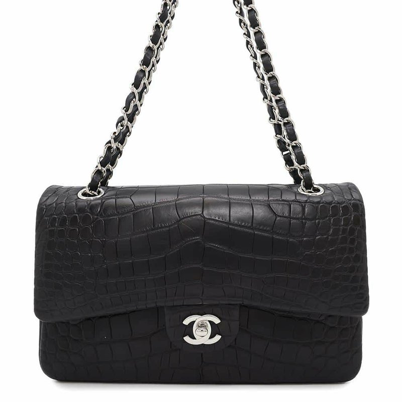 シャネル チェーンショルダーバッグ マトラッセ25 ココマーク ダブルチェーン クロコダイルマット CHANEL 黒