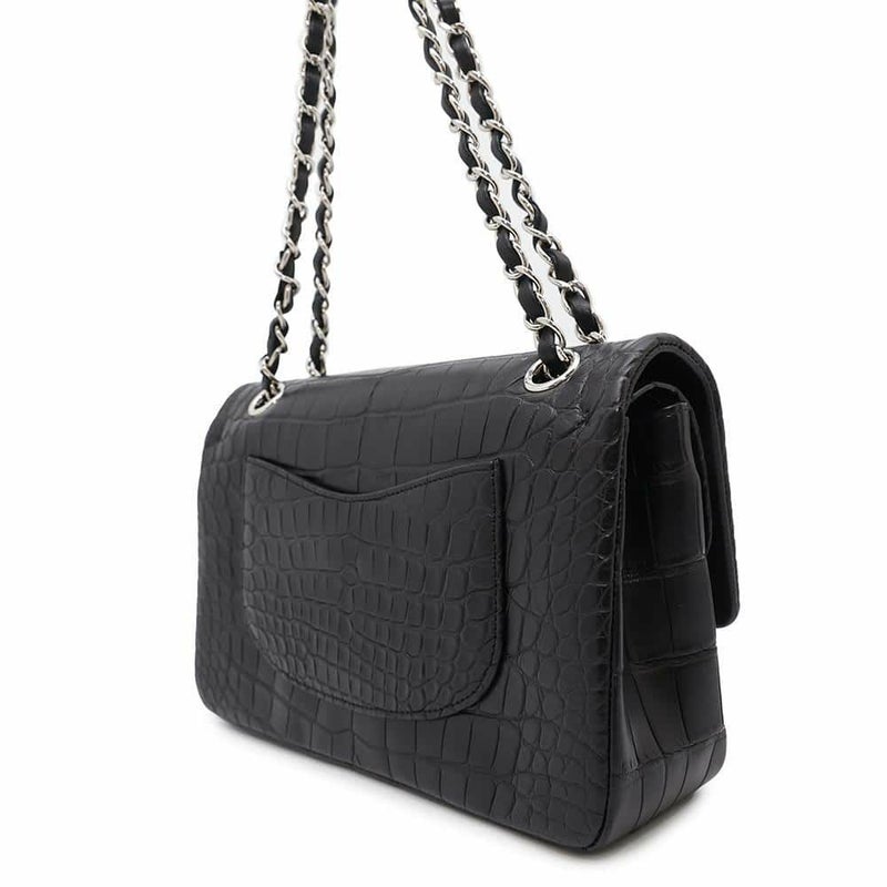 シャネル チェーンショルダーバッグ マトラッセ25 ココマーク ダブルチェーン クロコダイルマット CHANEL 黒