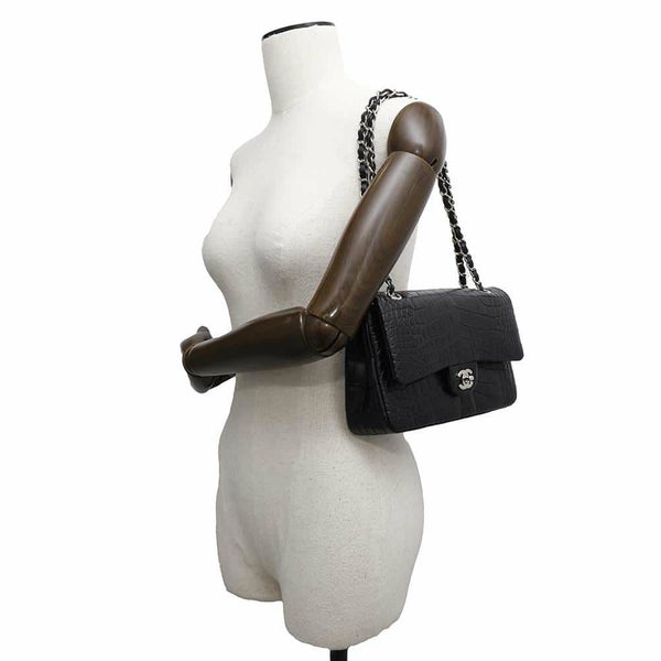 シャネル チェーンショルダーバッグ マトラッセ25 ココマーク ダブルチェーン クロコダイルマット CHANEL 黒