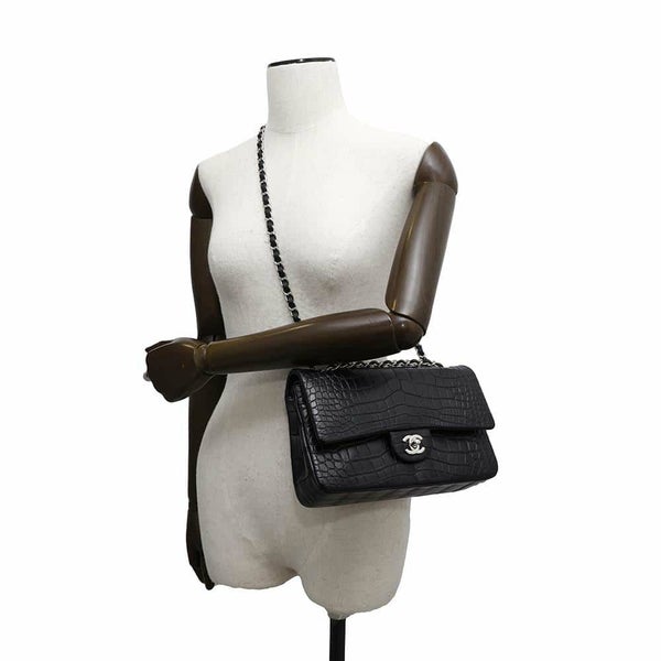 シャネル チェーンショルダーバッグ マトラッセ25 ココマーク ダブルチェーン クロコダイルマット CHANEL 黒