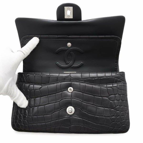 シャネル チェーンショルダーバッグ マトラッセ25 ココマーク ダブルチェーン クロコダイルマット CHANEL 黒