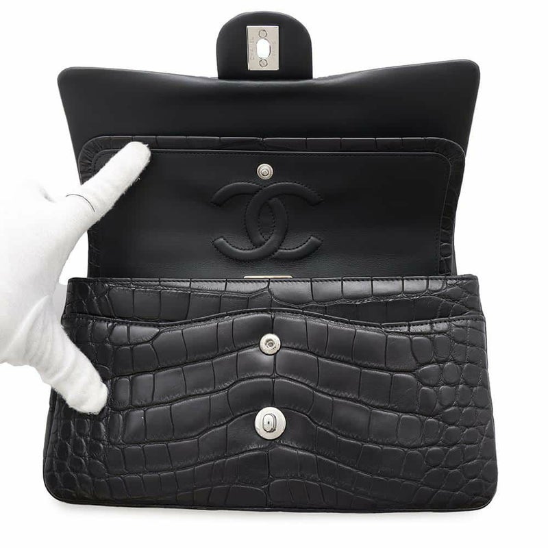 シャネル チェーンショルダーバッグ マトラッセ25 ココマーク ダブルチェーン クロコダイルマット CHANEL 黒