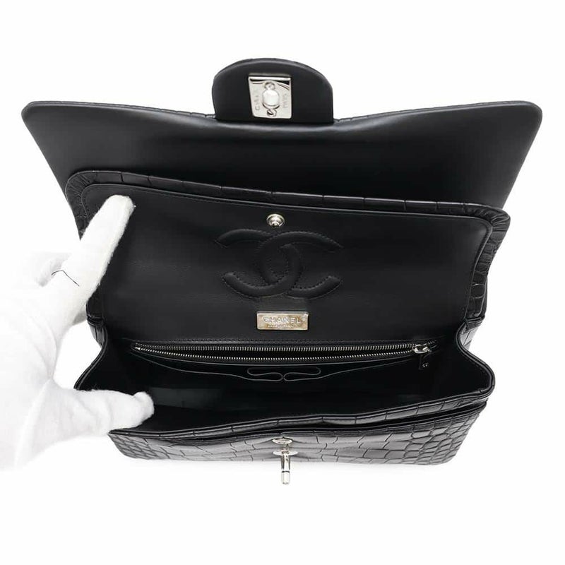 シャネル チェーンショルダーバッグ マトラッセ25 ココマーク ダブルチェーン クロコダイルマット CHANEL 黒