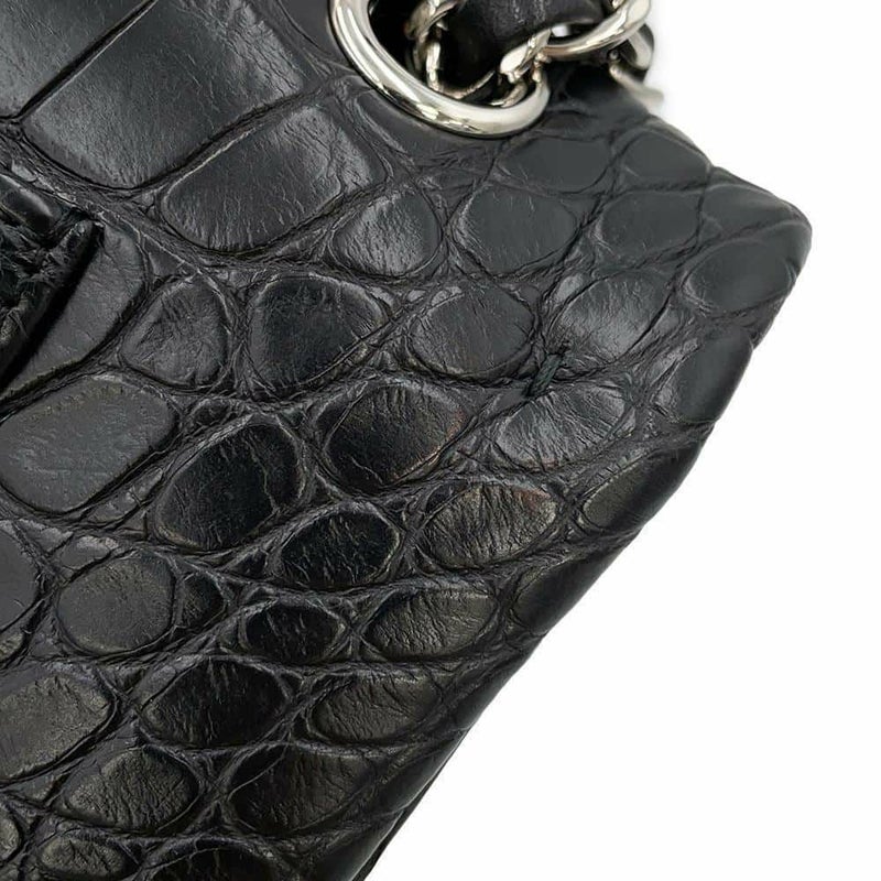 シャネル チェーンショルダーバッグ マトラッセ25 ココマーク ダブルチェーン クロコダイルマット CHANEL 黒