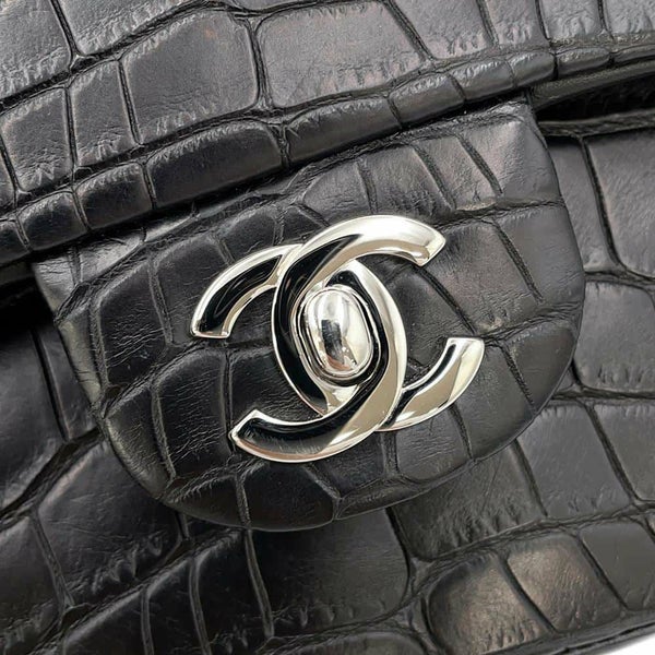 シャネル チェーンショルダーバッグ マトラッセ25 ココマーク ダブルチェーン クロコダイルマット CHANEL 黒