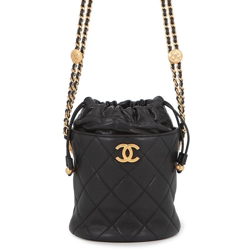 シャネル チェーンショルダーバッグ ココマーク マトラッセ 巾着 キャビアスキン CHANEL 黒