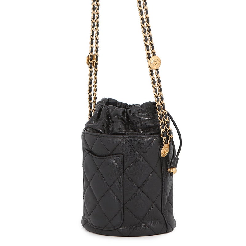シャネル チェーンショルダーバッグ ココマーク マトラッセ 巾着 キャビアスキン CHANEL 黒