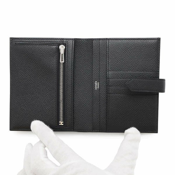エルメス 二つ折り財布 ベアンコンパクト ブラック/シルバー金具 エプソン B刻印 黒