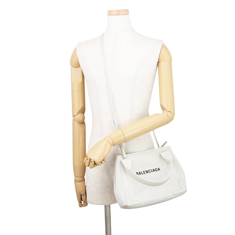 バレンシアガ ハンドバッグ ネイビーカバ XS キャンバス レザー 390346 BALENCIAGA ポーチ付 2way 白
