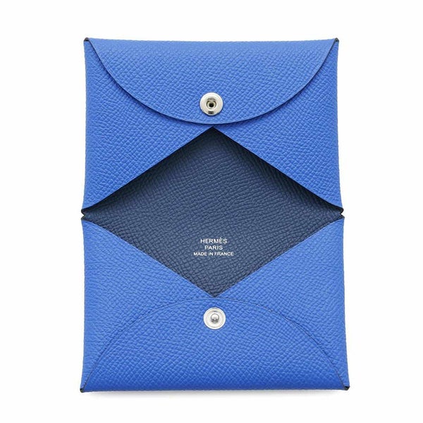エルメス カードケース カルヴィ ヴェルソ ブルーイドラ/ディープブルー エプソン K刻印 財布
