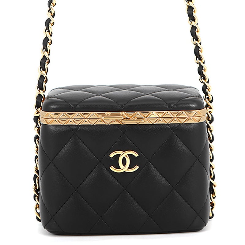シャネル チェーンショルダーバッグ ココマーク マトラッセ バニティ ラムスキン CHANEL ヴァニティ 黒