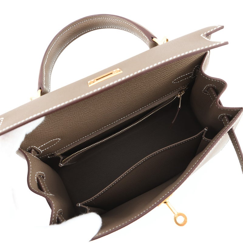 エルメス ハンドバッグ ケリー25 外縫い エトゥープ/ゴールド金具 エプソン G刻印 ２wayショルダー
