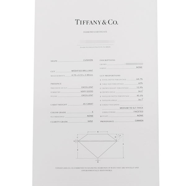 ティファニー リング ソレスト クッション カット エンゲージメント ダイヤ 中石0.45ct/計0.32ct Pt950 サイズ約13号 鑑定書付き 指輪