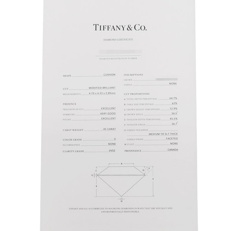 ティファニー リング ソレスト クッション カット エンゲージメント ダイヤ 中石0.45ct/計0.32ct Pt950 サイズ約13号 鑑定書付き 指輪