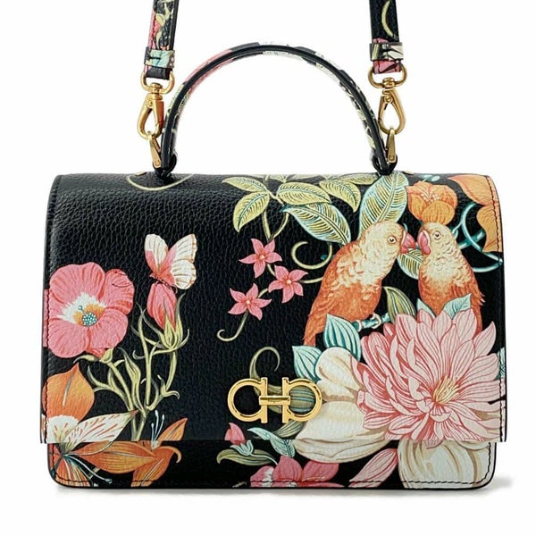 フェラガモ ショルダーバッグ ガンチーニ フラワープリント レザー Ferragamo 2wayハンドバッグ 黒