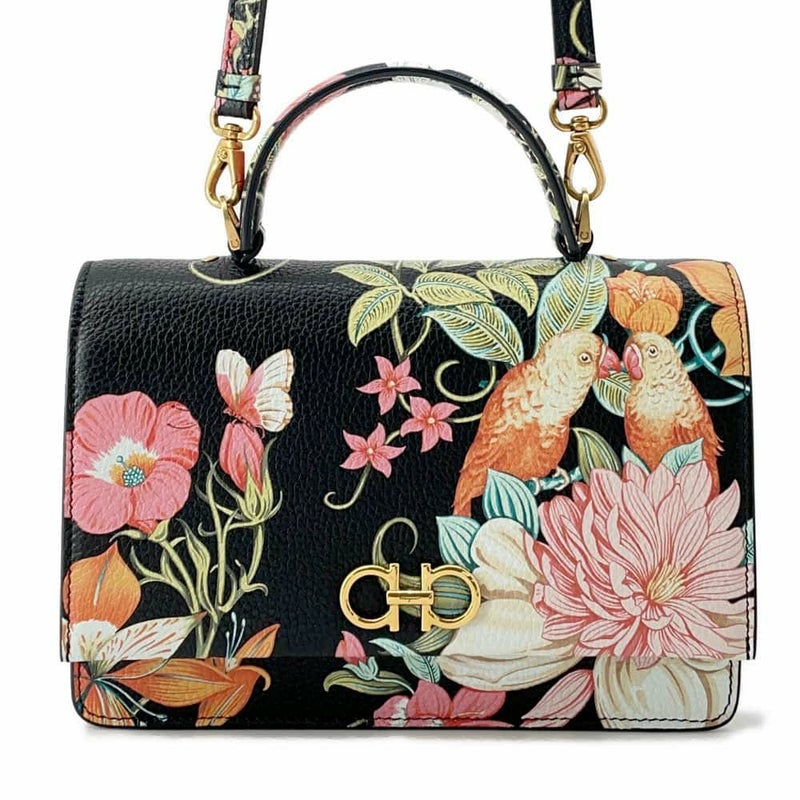 フェラガモ ショルダーバッグ ガンチーニ フラワープリント レザー Ferragamo 2wayハンドバッグ 黒