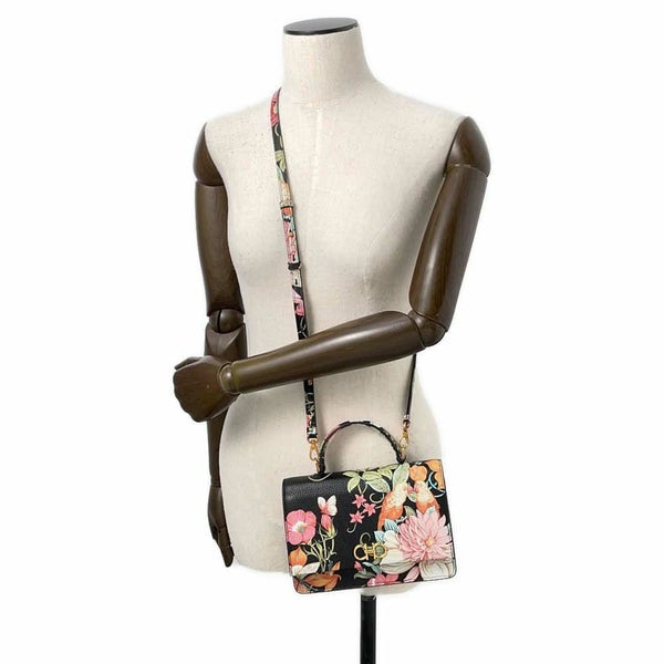フェラガモ ショルダーバッグ ガンチーニ フラワープリント レザー Ferragamo 2wayハンドバッグ 黒